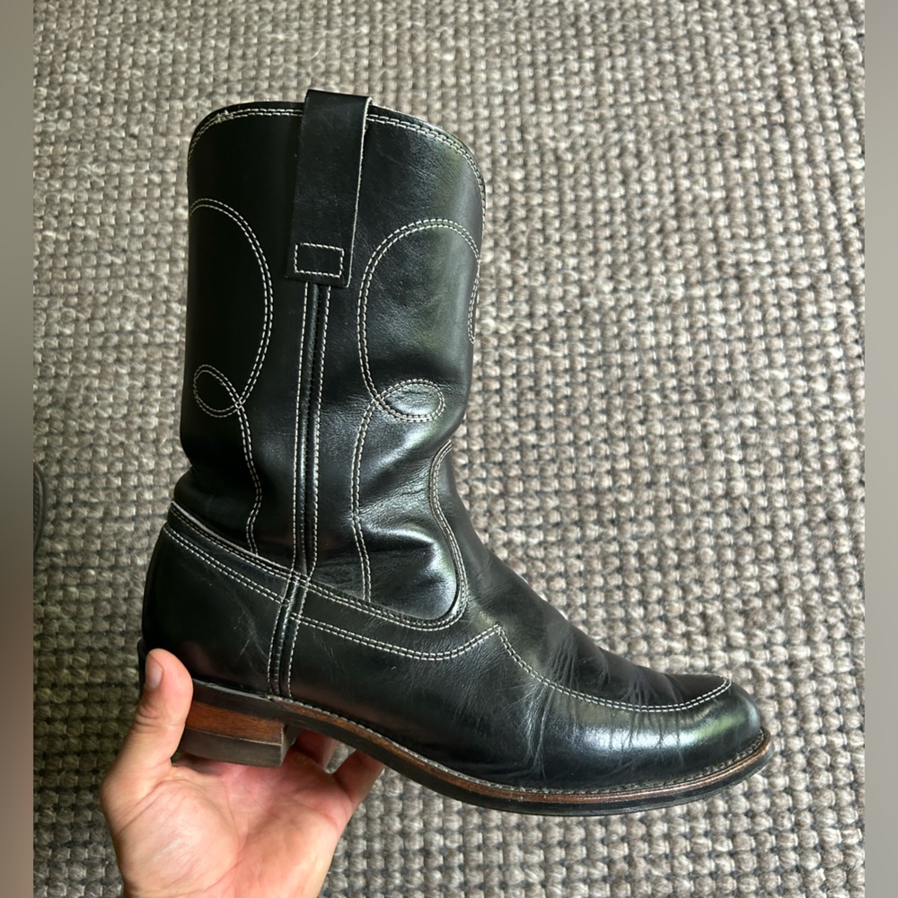 Vintage Black Leather Cowboy Boots w/ Contrast Stitching